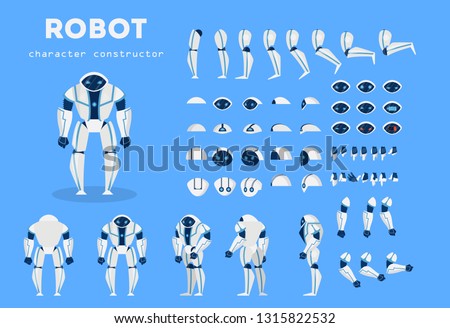 Robot character for the animation with various views, hairstyle, emotion, pose and gesture. Artificial inteligence and cyborg. Isolated vector illustration in cartoon style
