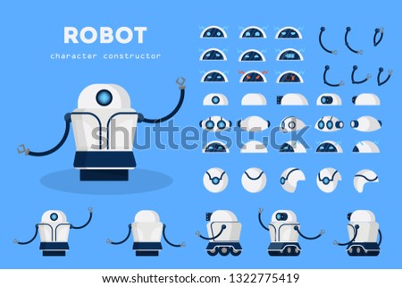 Robot character for the animation with various views, hairstyle, emotion, pose and gesture. Artificial inteligence and cyborg. Isolated vector illustration in cartoon style