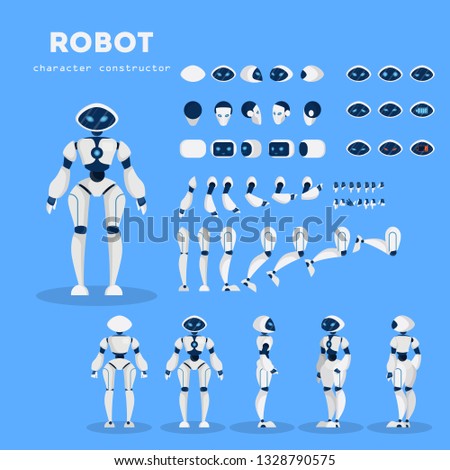 Robot character for the animation with various views, hairstyle, emotion, pose and gesture. Artificial inteligence and cyborg. Isolated vector illustration in cartoon style