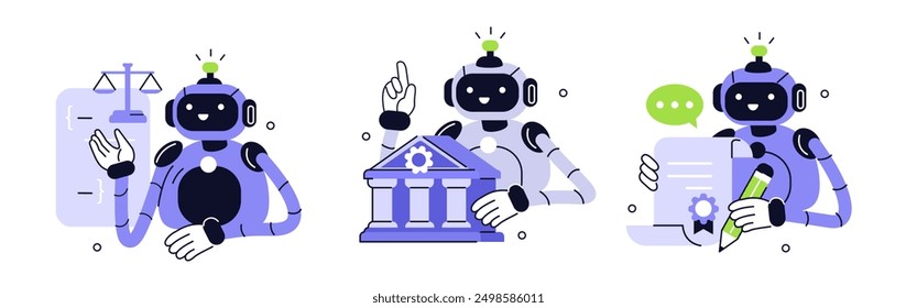 Robot character assistant provide legal advice. Artificial intelligence technology in law concept. Vector illustration.