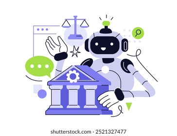 Robot character assistant provide legal advice. Artificial intelligence technology in law, law, justice, tax concept. Vector illustration.