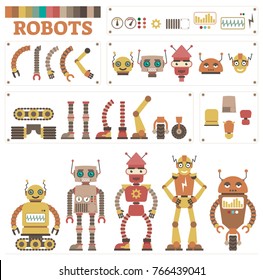 Robot Character Body Parts Collection Kit With Various Illustrated Flat Vector Body Parts
