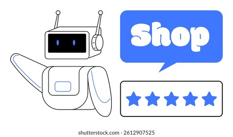 A robot character with a cheerful face points towards a speech bubble saying Shop alongside a five-star rating. Ideal for technology innovation, online shopping, customer service, product reviews