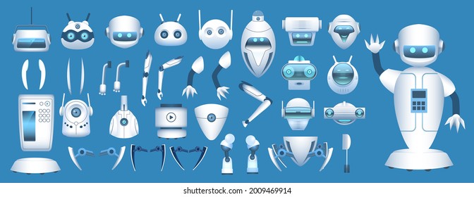 Robot Character Constructor. Cartoon Futuristic Android Body Parts. Robotic Arms, Legs And Heads For Animation. Robots Elements Vector Set. Illustration Robot Character Collection Parts