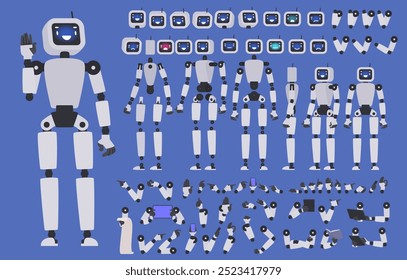 Robot character constructor. Chatbot with different body, arm and leg positions, set of emotions to create animation or your own illustrations. DIY kit. Vector illustration in flat style