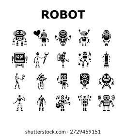 robot character cyborg icons set vector. automaton, droid, mech, bot, replicant, machine, ai, humanoid drone, bionic robot character cyborg glyph pictogram Illustrations