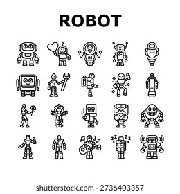 robot character cyborg icons set vector. automaton, droid, mech, bot, replicant, machine, ai, humanoid drone, bionic robot character cyborg black contour illustrations