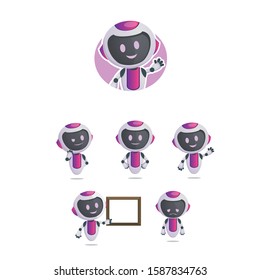 Robot character designs vector.  white purple with multiple poses