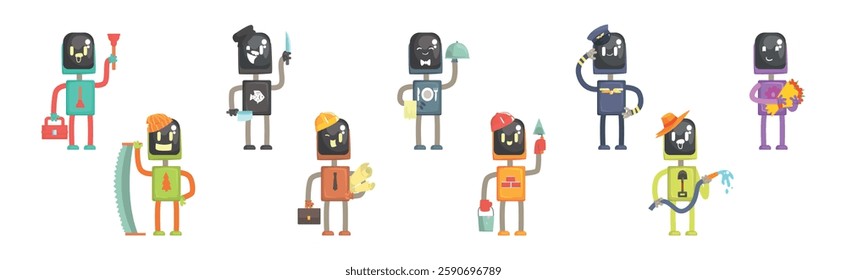 Robot Character of Different Profession with Tool Vector Set