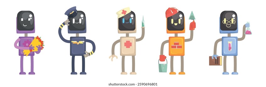 Robot Character of Different Profession with Tool Vector Set