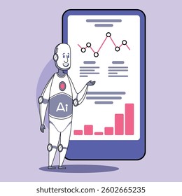 Robot character displaying graphs and data trends on large digital screen in modern, colorful setting. Technology and innovation concept