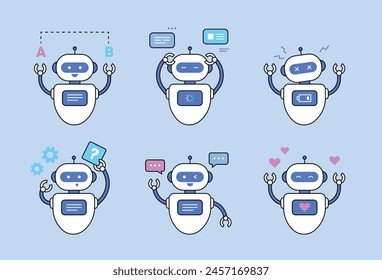 A robot character doing various tasks. A legless android robot. Illustration with outline.