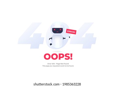 Robot character with Error 404 page not found. System maintenance.
