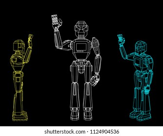 Robot character greeting. Isolated on black background. Vector outline illustration. Different viewes.