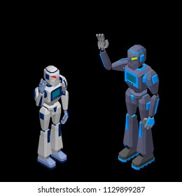 Robot character greeting. Isolated on black background. 3d Vector illustration. Isometric projection.