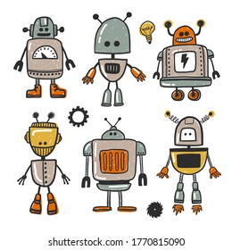 Robot character hand drawn illustration set. Super geek. Cute robot toy sticker collection. Grunge stylized living machine. Comic modern humanoid poster design element.
