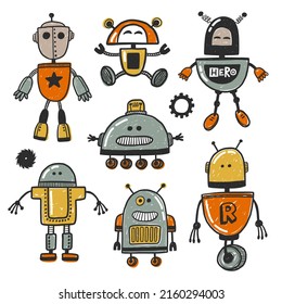 Robot character hand drawn illustration set. Super geek. Cute robot toy sticker collection. Grunge stylized living machine. Comic modern humanoid poster design element.