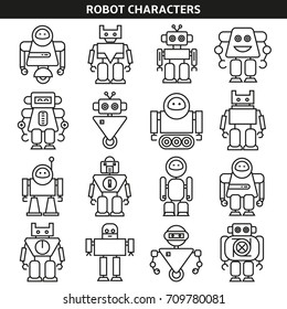 robot character icons in line style