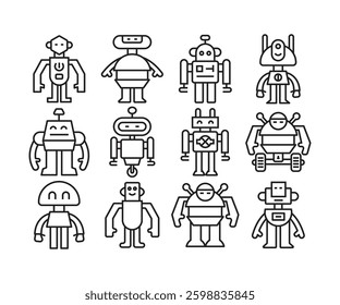 robot character icons set line illustration