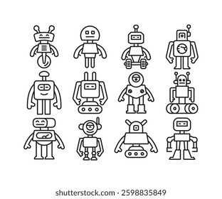 robot character icons set line illustration