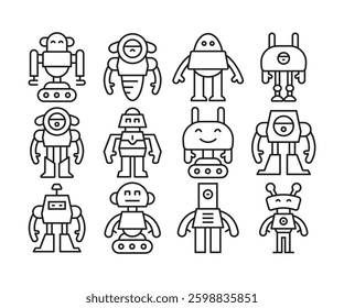 robot character icons set line illustration