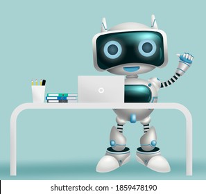 Robot character information vector background design. Robotic 3d character help desk assistant standing for modern humanoid technology design. Vector illustration.