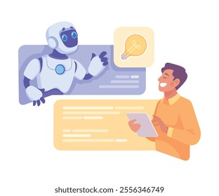 Robot Character Interact with Man as Smart Android Assistant Machine Vector Illustration