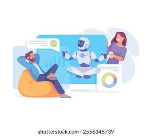 Robot Character Interact with Man and Woman as Smart Android Assistant Machine Vector Illustration