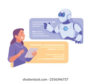 Robot Character Interact with Woman as Smart Android Assistant Machine Vector Illustration