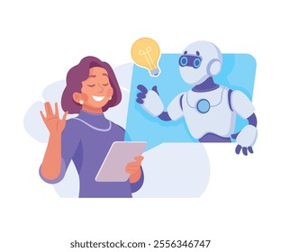 Robot Character Interact with Woman as Smart Android Assistant Machine Vector Illustration