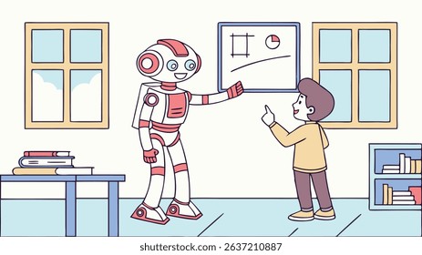 Robot character interacting with a young boy in a classroom setting, presenting data on a whiteboard, showcasing a blend of technology and education in a vibrant illustration