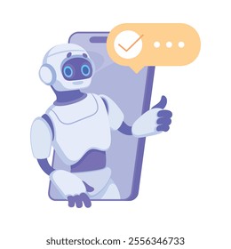 Robot Character Look from Smartphone Screen as Smart Android Assistant Machine Vector Illustration