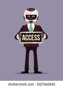 Robot character mascot hold banner access. Vector flat cartoon illustration