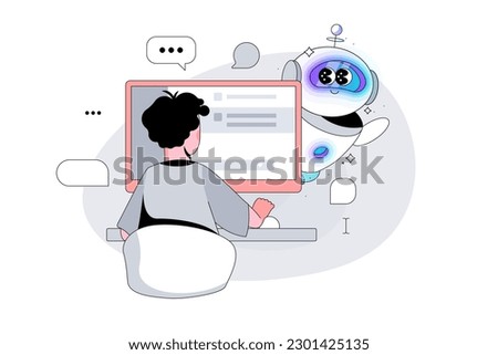 Robot character peeks out from behind a Computer Monitor. Male User enters a Request to Artificial Intelligence. Man writes a question in Сhatbot