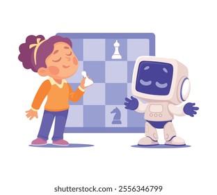 Robot Character Play Chess with Girl as Smart Android Assistant Machine Vector Illustration