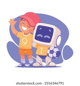 Robot Character Play Football with Boy as Smart Android Assistant Machine Vector Illustration