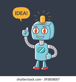 Robot character pointing finger up and having an idea.