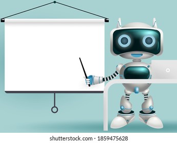 Robot character presentation vector background design. Robotic 3d character presenting empty white projector screen board element for modern technology cyborg design. Vector illustration.