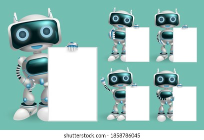 Robot character presenting vector set. Robotic characters in pose and gestures like showing white board element for presentation design. Vector illustration. 