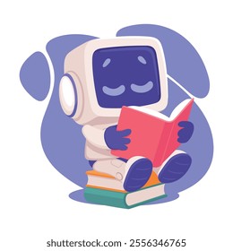 Robot Character Reading Book as Smart Android Assistant Machine Vector Illustration