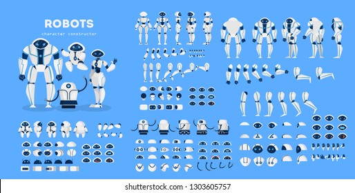 Robot character set for the animation with various views, hairstyle, emotion, pose and gesture. Artificial inteligence and cyborg. Isolated vector illustration in cartoon style