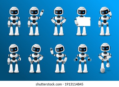 Robot character set for the animation with various views, hairstyle, emotion, pose and gesture. Robot innovation technology science emotions