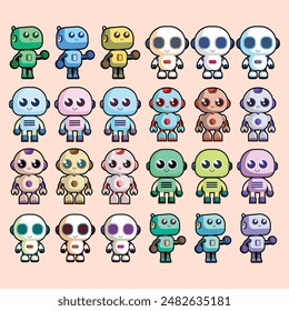 Robot character set for the animation with various views, hairstyle, emotion, pose and gesture. Robot innovation technology science emotions