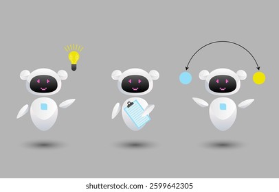 Robot character set for the animation with various views, hairstyle, emotion, pose and gesture. Isolated robot figures on a gray background. Vector illustration