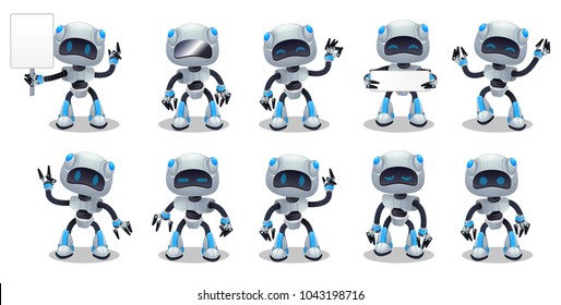 Robot character set vector with emotions, technology, isolated on white background.