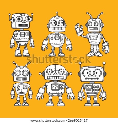 Robot Character Set, Vintage Toy Robot Mascot, Cartoon Robot Illustration, Cute Mechanical Robot Design