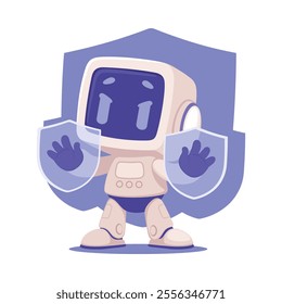 Robot Character with Shield as Smart Android Assistant Machine Vector Illustration