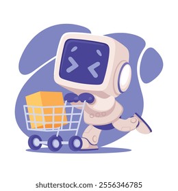 Robot Character Shopping with Cart as Smart Android Assistant Machine Vector Illustration