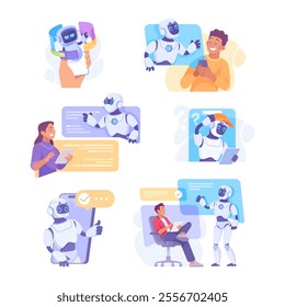 Robot Character as Smart Android Assistant Machine Vector Illustration Set