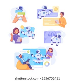 Robot Character as Smart Android Assistant Machine Vector Illustration Set